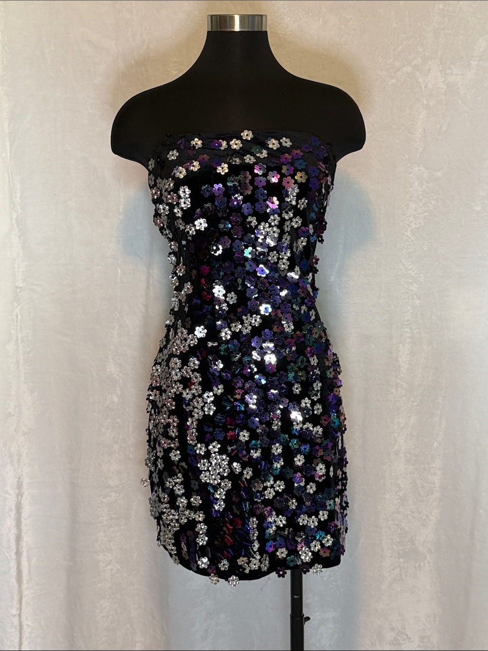 Strapless Black Sequin Mini Dress with Multicolor Floral Sequins